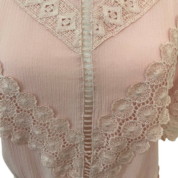 Self Esteem Pink Lace-Trim Crewneck Short Bell Sleeve Back Tie Top Size Small - Picture 6 of 7